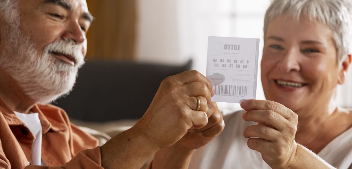 Couple holding up and staring at a lottery ticket, smiling.